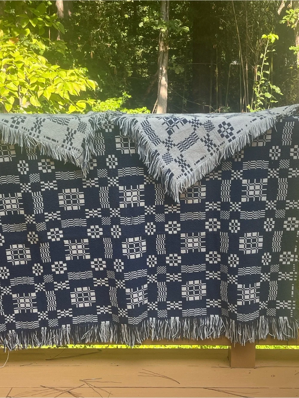 Antique Jacquard Woven Fringe Double Weave Coverlet in Colonial American Pattern